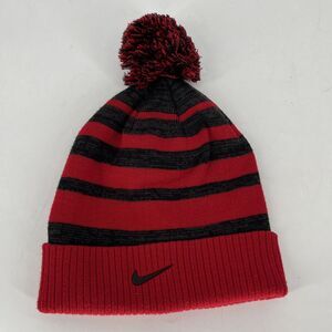 Nike Hat Beanie YOUTH Pom Pom Tassel Red Gray Black Swoosh Knit Snow Gear Winter